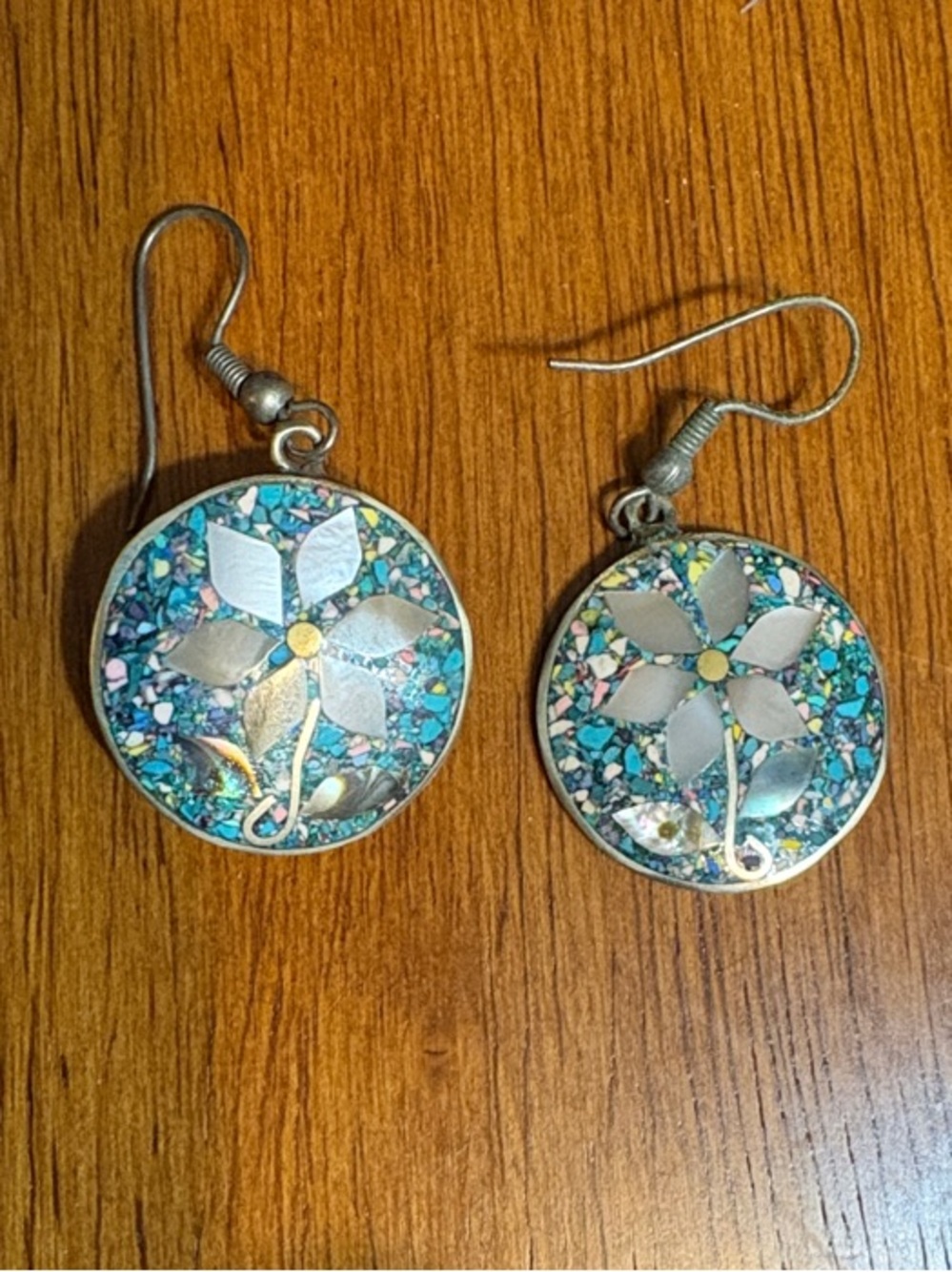 Silver Floral Mosaic Drop Earrings - Turquoise Blue